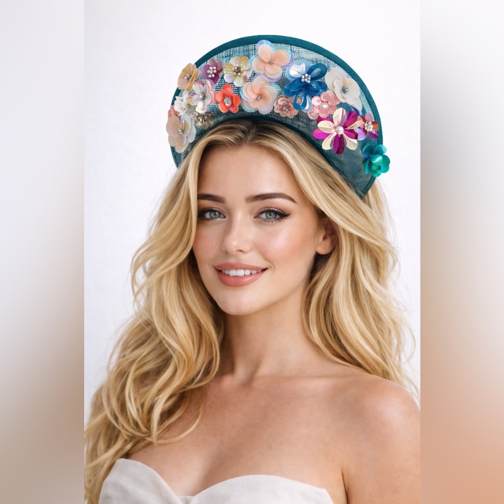 Kentucky Derby Hat Teal Floral Headband Fascinator Statement Sinamay Halo Crown